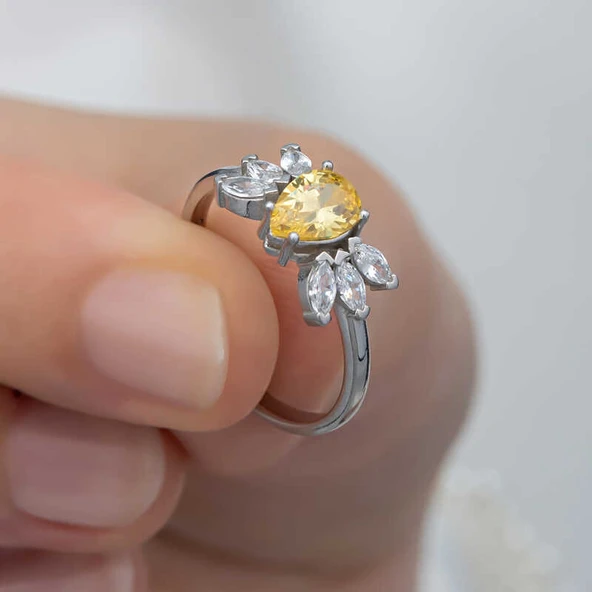 Gümüş Sarı Damla Zirkon Taşlı Kadın Yüzük - Resim 2