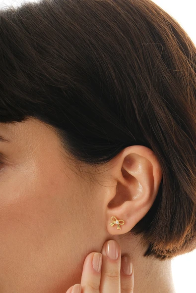 925 ayar gümüş altın yaldızlı incili fiyonk modeli küpe SGTL12829GOLD - Resim 2