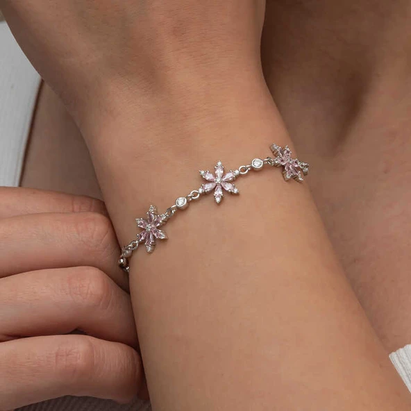 Gümüş Pembe Lotus Çiçeği Kadın Bileklik - Resim 3