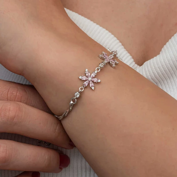 Gümüş Pembe Lotus Çiçeği Kadın Bileklik - Resim 5