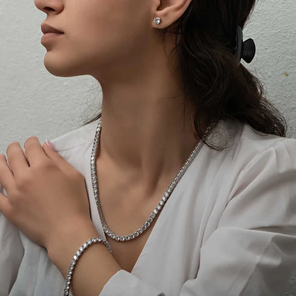 Gümüş 2.5 mm Beyaz Taşlı Su Yolu Kadın Set - Resim 2