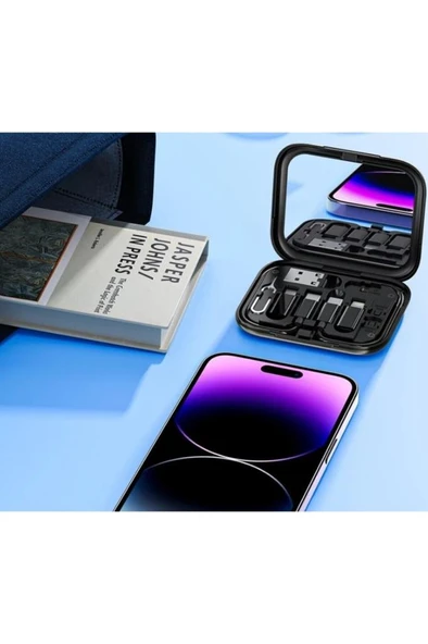 8in1 USB-C Hızlı Şarj Veri Kablosu iPhone Xiaomi Type-C Kablo Tutucu Aynalı Seyahat Seti - Resim 2
