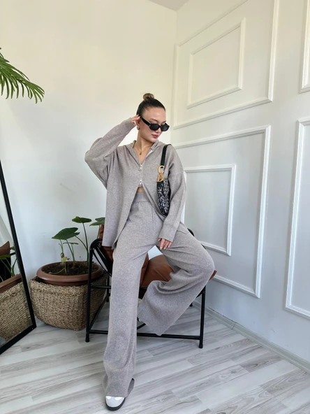 Kadın Fermuarlı Pantolon Triko Takım Bej ürün görseli 1