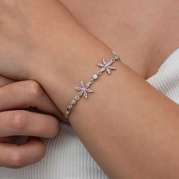 Gümüş Pembe Lotus Çiçeği Kadın Bileklik - Resim 4