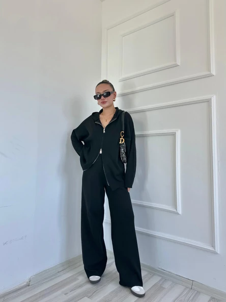 Kadın Fermuarlı Pantolon Triko Takım Siyah ürün görseli 1