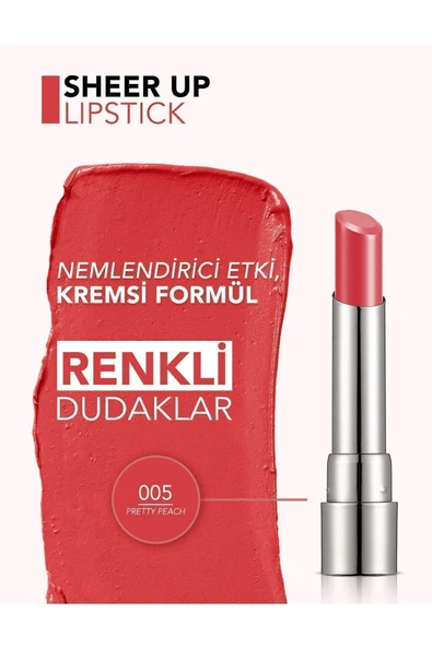 FLORMAR Nemlendirici Parlak Ruj (Canlı Şeftali) - Sheer Up Sls. - 005 Pretty Peach - 8682536012034 - Resim 3
