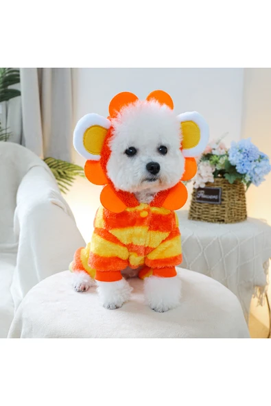 CAZEO Köpek Kışlık Kapüşonlu Tulum Kostüm – Turuncu – M Beden - Aslan ürün görseli