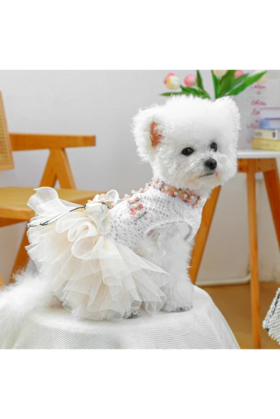CAZEO Köpek Elbisesi - Gelinlik - Renkli Çiçek ve İnci İşlemeli - Tül Etekli - Resim 2