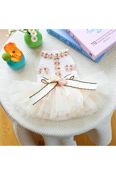 CAZEO Köpek Elbisesi - Gelinlik - Renkli Çiçek ve İnci İşlemeli - Tül Etekli - Resim 4