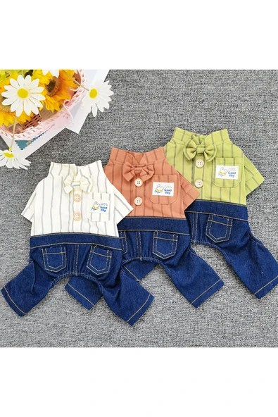 CAZEO Köpek Tulum Yazlık – Çizgili Gömlek ve Kot Pantolon Görünümlü - Resim 3