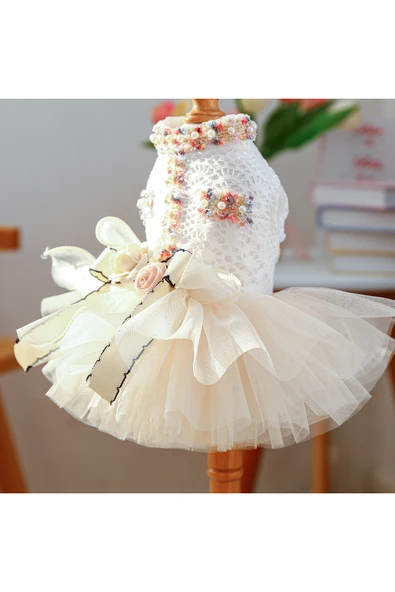 CAZEO Köpek Elbisesi - Gelinlik - Renkli Çiçek ve İnci İşlemeli - Tül Etekli - Resim 5