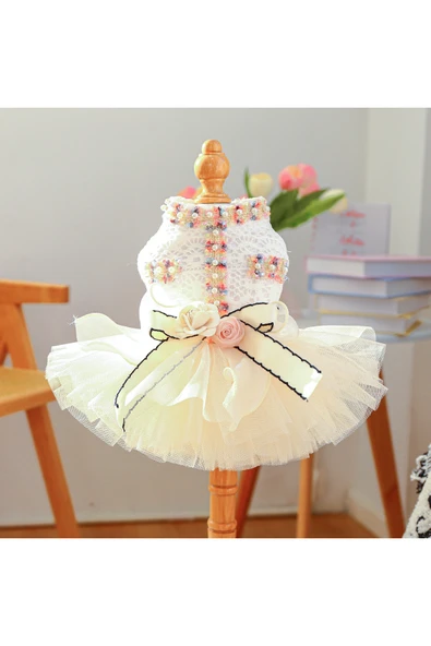 CAZEO Köpek Elbisesi - Gelinlik - Renkli Çiçek ve İnci İşlemeli - Tül Etekli ürün görseli
