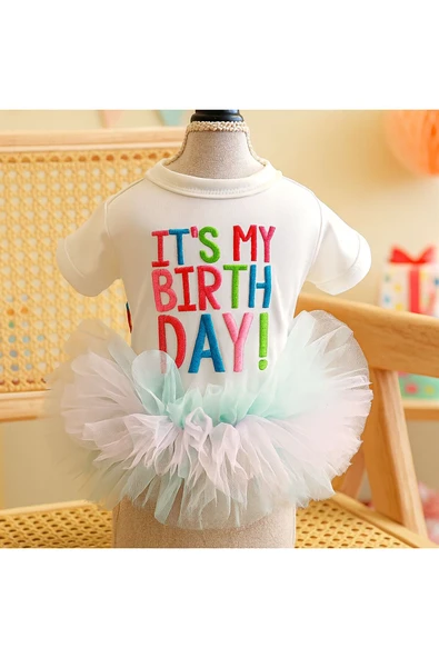 CAZEO Köpek Elbisesi Doğum Günü – It’s My Birthday Yazılı - Renkli Tül Etekli - Parti Kıyafeti ürün görseli