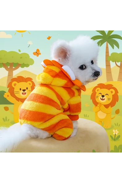 CAZEO Köpek Kışlık Kapüşonlu Tulum Kostüm – Turuncu – M Beden - Aslan - Resim 2