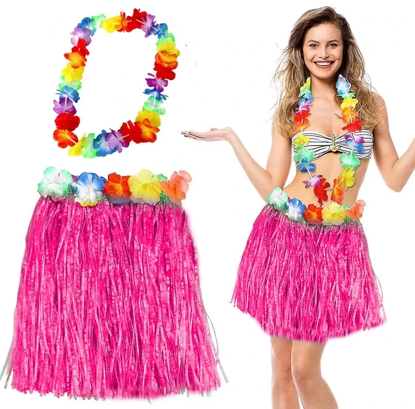 Hawaii Luau Aloha Pembe Püsküllü 40 cm Etek ve Hawaii Kolye Seti ürün görseli