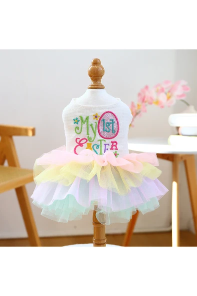 CAZEO Köpek Elbisesi – My 1st Easter Yazılı - Renkli Tül Etekli - Özel Gün Kıyafeti ürün görseli
