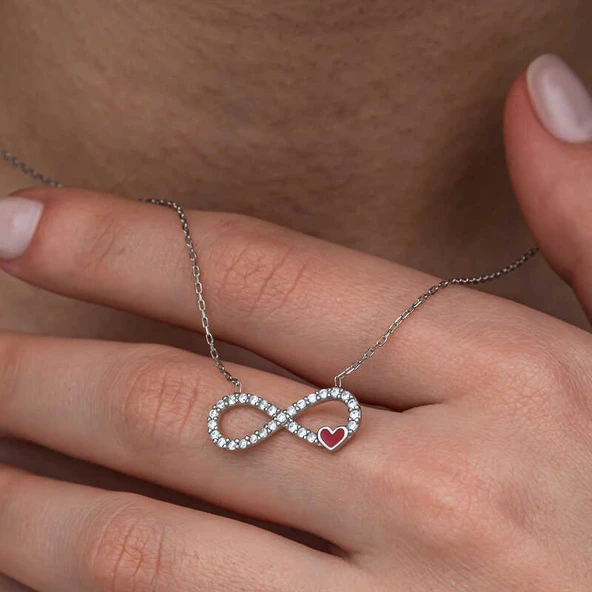 Gümüş Sonsuzluk Kırmızı Kalpli Kadın Kolye - Resim 2