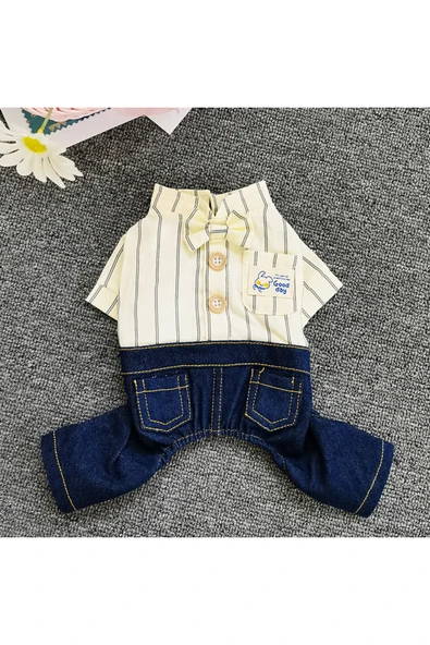 CAZEO Köpek Tulum Yazlık – Çizgili Gömlek ve Kot Pantolon Görünümlü ürün görseli