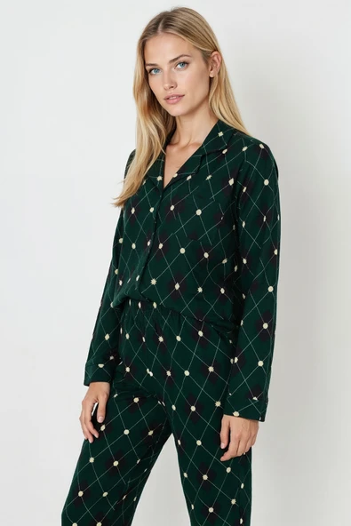 Bravie Luxury Soft Yeşil Ekose Desenli Uzun Kollu Kadın Pijama Takımı – 3045 - 5