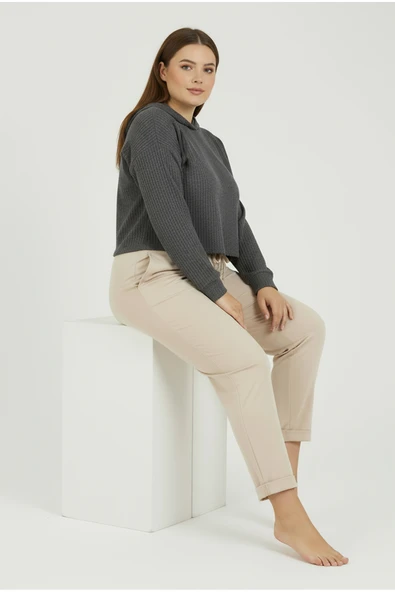 Bravie Duble Paça Büyük Beden Eşofman Altı Bej 2020 - 3