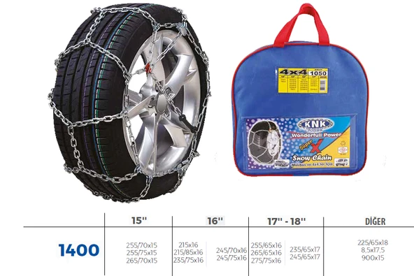 KNK4 1400 PATİNAJ ZİNCİRİ 4x4 JEEP - MİNİBÜS VE HAFİF TİC.ARAÇ ZİNCİR EBATLARI İÇİN RESİME BAKINIZ ürün görseli 1