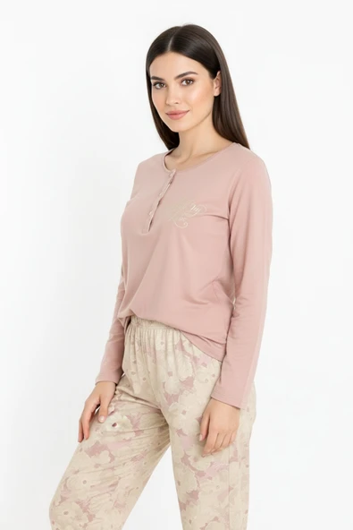 Bravie Üstü Yazılı Altı Çiçek Desenli Elite Viscose Uzun Pijama Takımı Pudra 3564 - 4