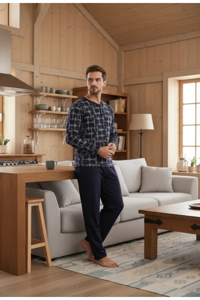 Bravie Yakası Düğmeli %100 Pamuk Erkek Penye Pijama Takımı 9709 Koyu Desenli - 3