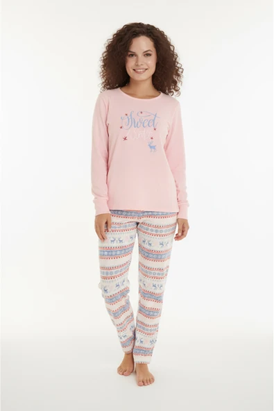 Bravie Luxury Thermal Sweet Winter Geyik Desenli Kadın Polar Kışlık Pijama Takımı – 42054