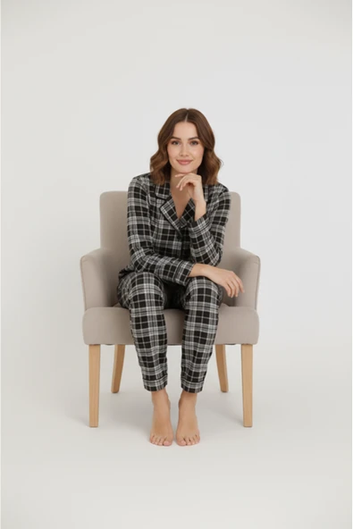 Bravie Luxury Viscose Siyah Beyaz Ekose Desenli Kadın Uzun Kollu Pijama Takımı – 42575 - 4