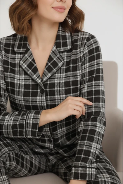 Bravie Luxury Viscose Siyah Beyaz Ekose Desenli Kadın Uzun Kollu Pijama Takımı – 42575 - 5