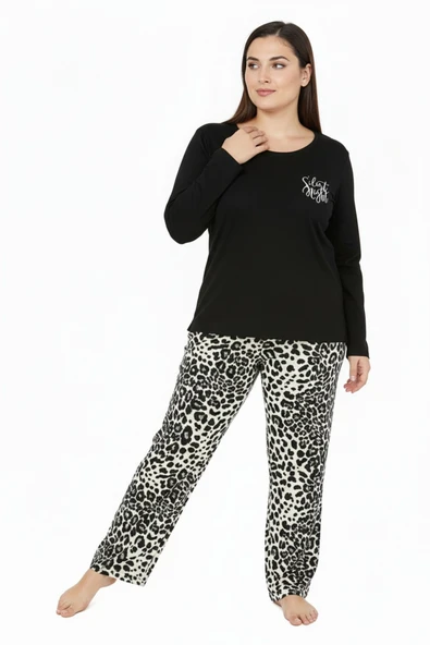 Bravie Üstü Yazılı Altı Leopar Desenli Elite Viscose Uzun Büyük Beden Pijama Takımı Siyah 3588