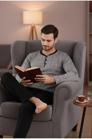 Bravie Yakası Düğmeli %100 Pamuk Erkek Penye Pijama Takımı 9718 Gri - 5