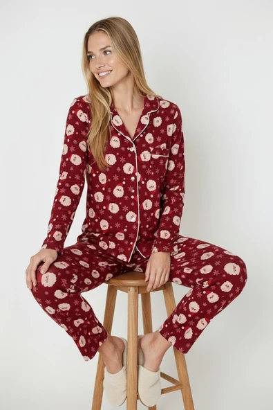 Bravie Luxury Soft Bordo Yılbaşı Desenli Uzun Kollu Kadın Pijama Takımı – 3026