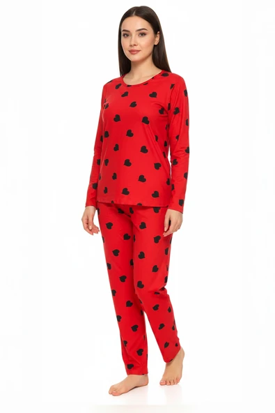 Bravie Bisiklet Yaka Süet Kırmızı Pijama Takımı 6010 Siyah Kalpli
