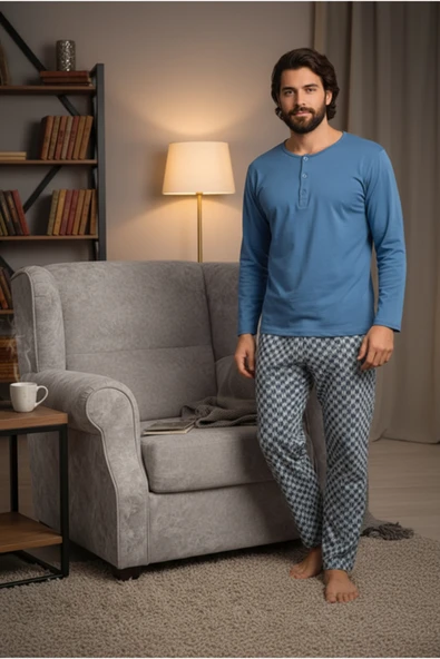 Bravie Yakası Düğmeli %100 Pamuk Erkek Penye Pijama Takımı 9703 Mavi