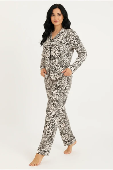 Bravie Luxury Viscose Siyah Beyaz Dalmaçya Desenli Kadın Uzun Kollu Büyük Beden Pijama Takımı – 42533