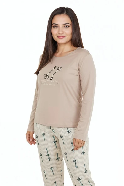 Bravie Üstü Yazılı Altı Çizgili Elite Viscose Uzun Büyük Beden Pijama Takımı Pudra 3597 - 2