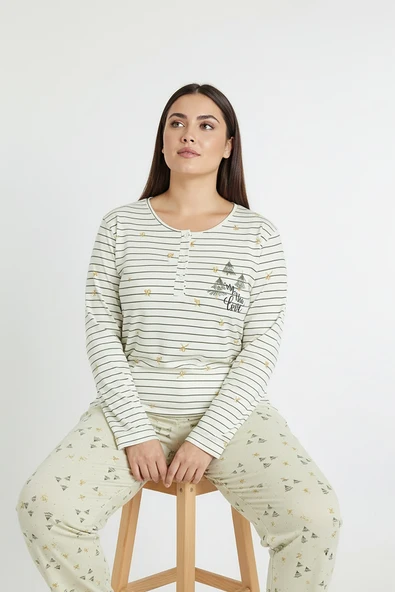 Bravie Üstü Yatay Çizgili Altı Desenli Elite Viscose Uzun Büyük Beden Pijama Takımı Beyaz 3590 - 3