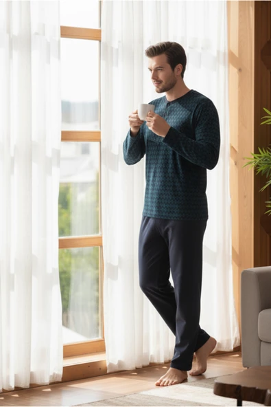 Bravie Yakası Düğmeli %100 Pamuk Erkek Penye Pijama Takımı 9710 Koyu Yeşil - 2