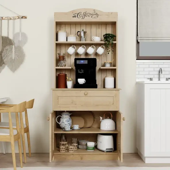 Lucas 2 Kapaklı Çekmeceli Kahve Köşesi ve Çok Amaçlı Mutfak Dolabı - Safir Meşe - Resim 4