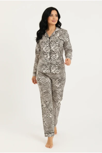 Bravie Luxury Viscose Siyah Beyaz Dalmaçya Desenli Kadın Uzun Kollu Büyük Beden Pijama Takımı – 42533 - 4