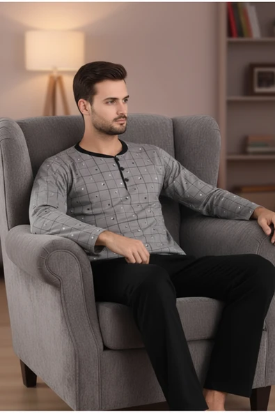 Bravie Yakası Düğmeli %100 Pamuk Erkek Penye Pijama Takımı 9718 Gri - 3