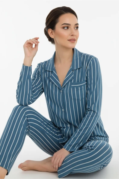 Bravie Luxury Viscose Petrol Mavi Çizgili Kadın Uzun Kollu Pijama Takımı – 42552