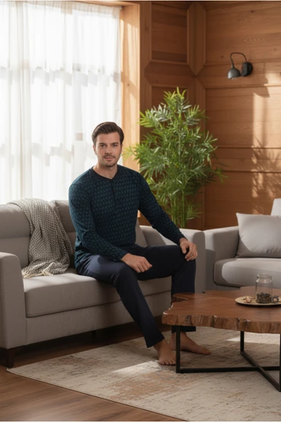 Bravie Yakası Düğmeli %100 Pamuk Erkek Penye Pijama Takımı 9710 Koyu Yeşil - 4