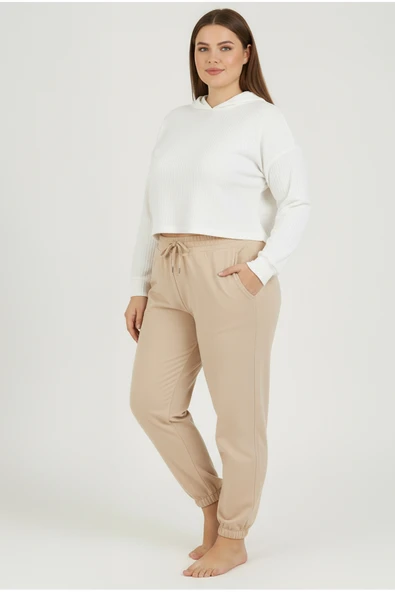 Bravie Jogger Paça Büyük Beden Eşofman Altı Bej 2017 - 2