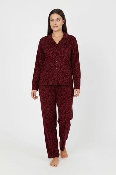 Bravie Luxury Soft Bordo Leopar Desenli Uzun Kollu Kadın Pijama Takımı – Büyük Beden 3002