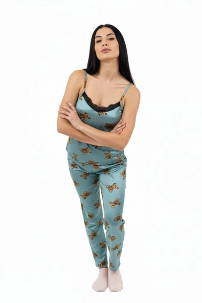 Bravie Altı Uzun Üstü Askılı Yumuşak Ayıcık Desenli Pijama Takımı - 3