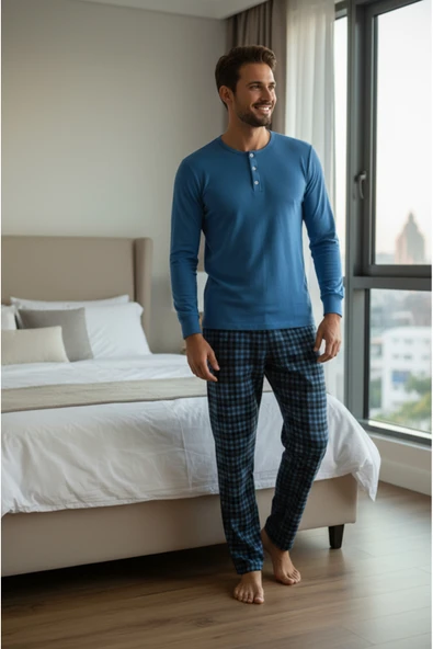 Bravie Luxury Thermal Erkek Pijama Takımı 9744 Mavi - 2