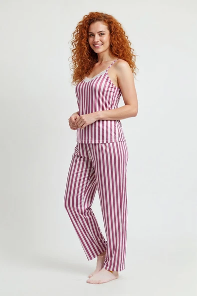 Bravie Altı Uzun İp Askılı Yumuşak Pembe Çizgili Pijama Takımı - 4