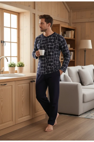 Bravie Yakası Düğmeli %100 Pamuk Erkek Penye Pijama Takımı 9709 Koyu Desenli - 2